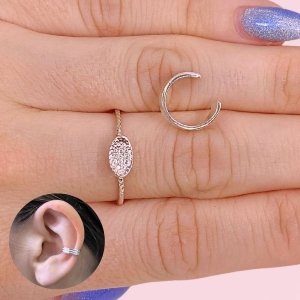 Conjunto Anillo Oval y Aro cuff tres lineas Plata 925